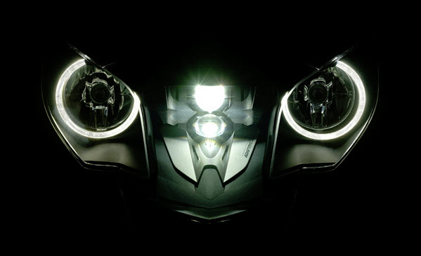 The distinctive headlights of a BMW K1600.