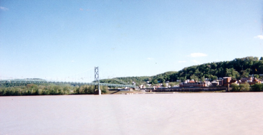 A crappy photo of the bridge at Aberdeen. That's Maysville, KY on the other side of the river. A railroad freight mainline runs on the other side of the river, so I had company all night. This photo sucks because I used a disposable camera. After the film was developed, I dropped the photos (and my Newton 120 PDA) off the bike on I-96 east of Grand Rapids, MI. Several cars/trucks ran over the photos (and my Newton) before I could retrieve them. Instead of scanning the negatives to a Photo-CD, I scanned the abused photos on a flatbed scanner at a local Kinkos Copies. Again, this is why this photo sucks.