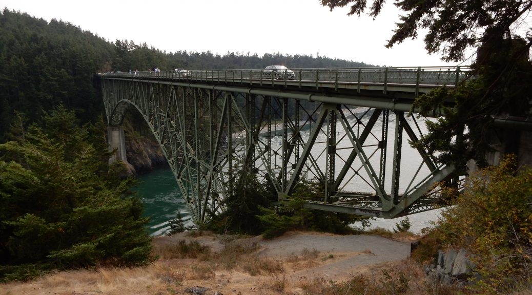A nice shot of the truss arch bridge over Deception Pass, complete with the swirling current below.