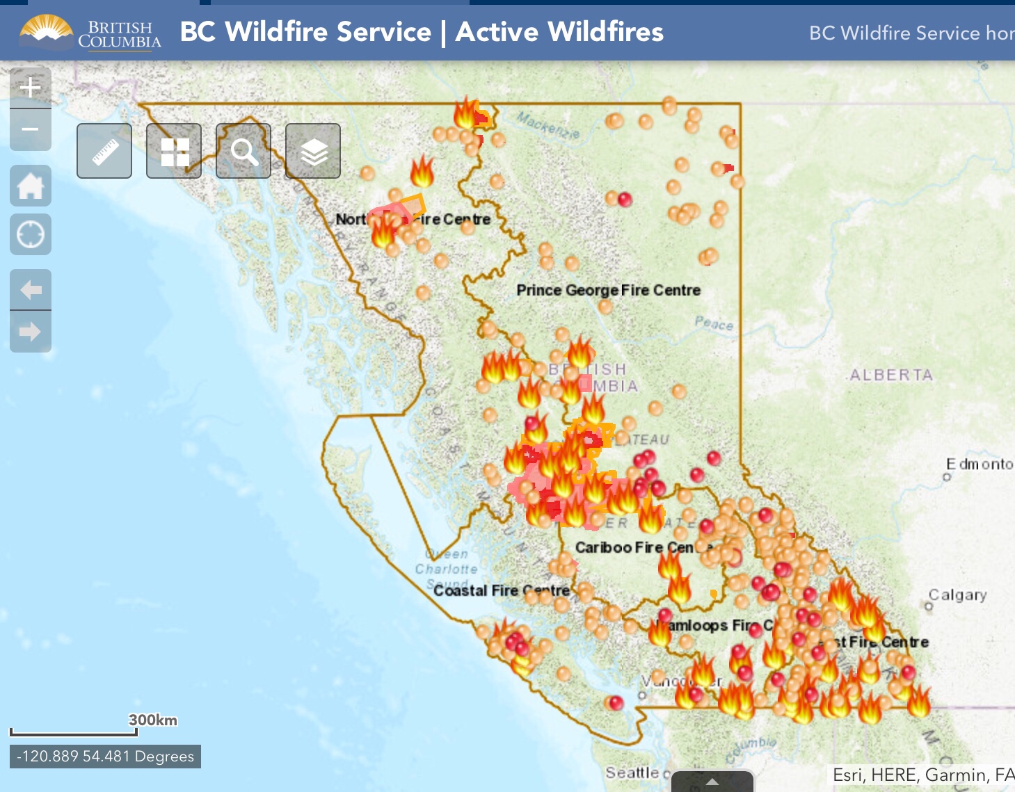 The live British Columbia wildfire map from August 20, 2018.
