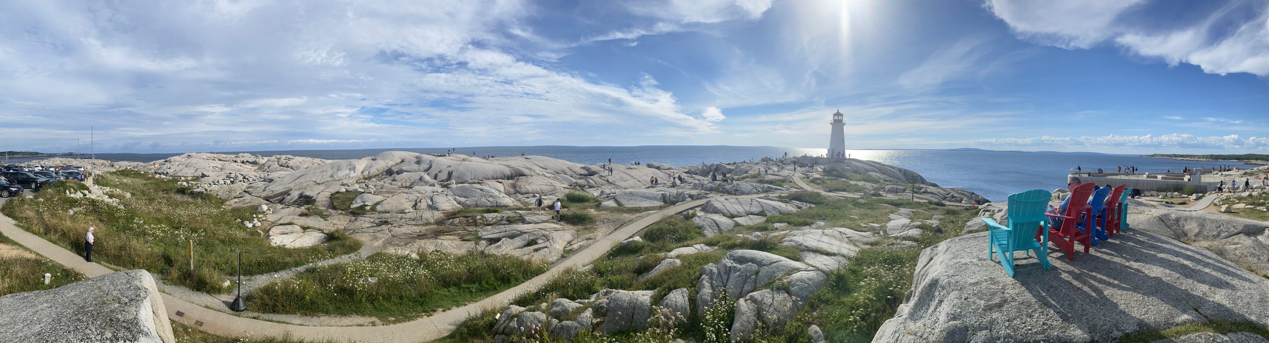 A panoramic view of the area surrounding the Peggy Cove lighthouse.