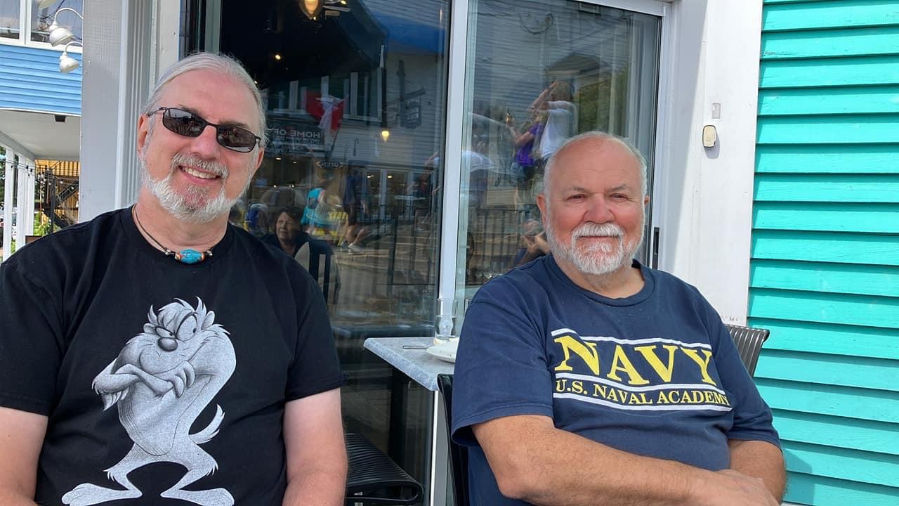 Ghost and Chuck at lunch at the Grand Banker in Lunenberg, Nova Scotia.