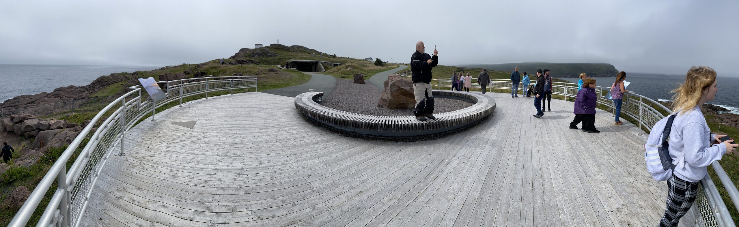 A panoramic view of Cape Spear (looking inland); that’s Chuck taking his own panorama, standing on the bench.