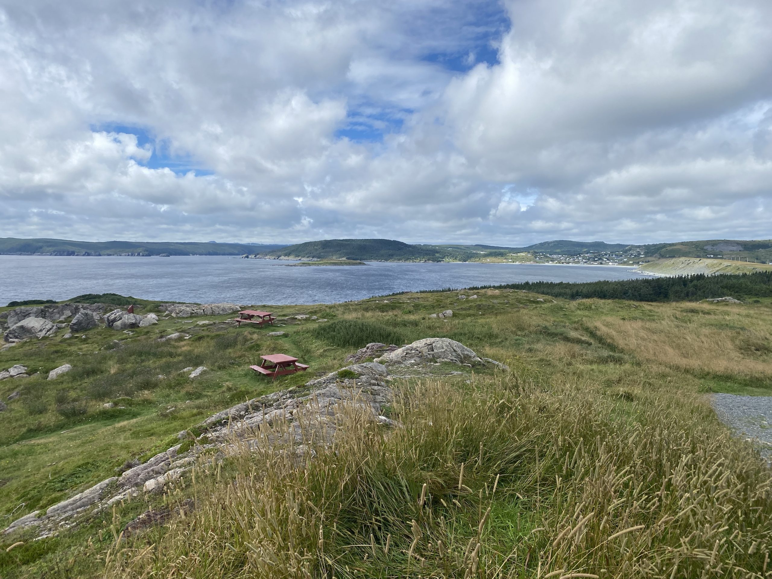 A few picnic tables at the end of the road on Ferryland point in Newfoundland.