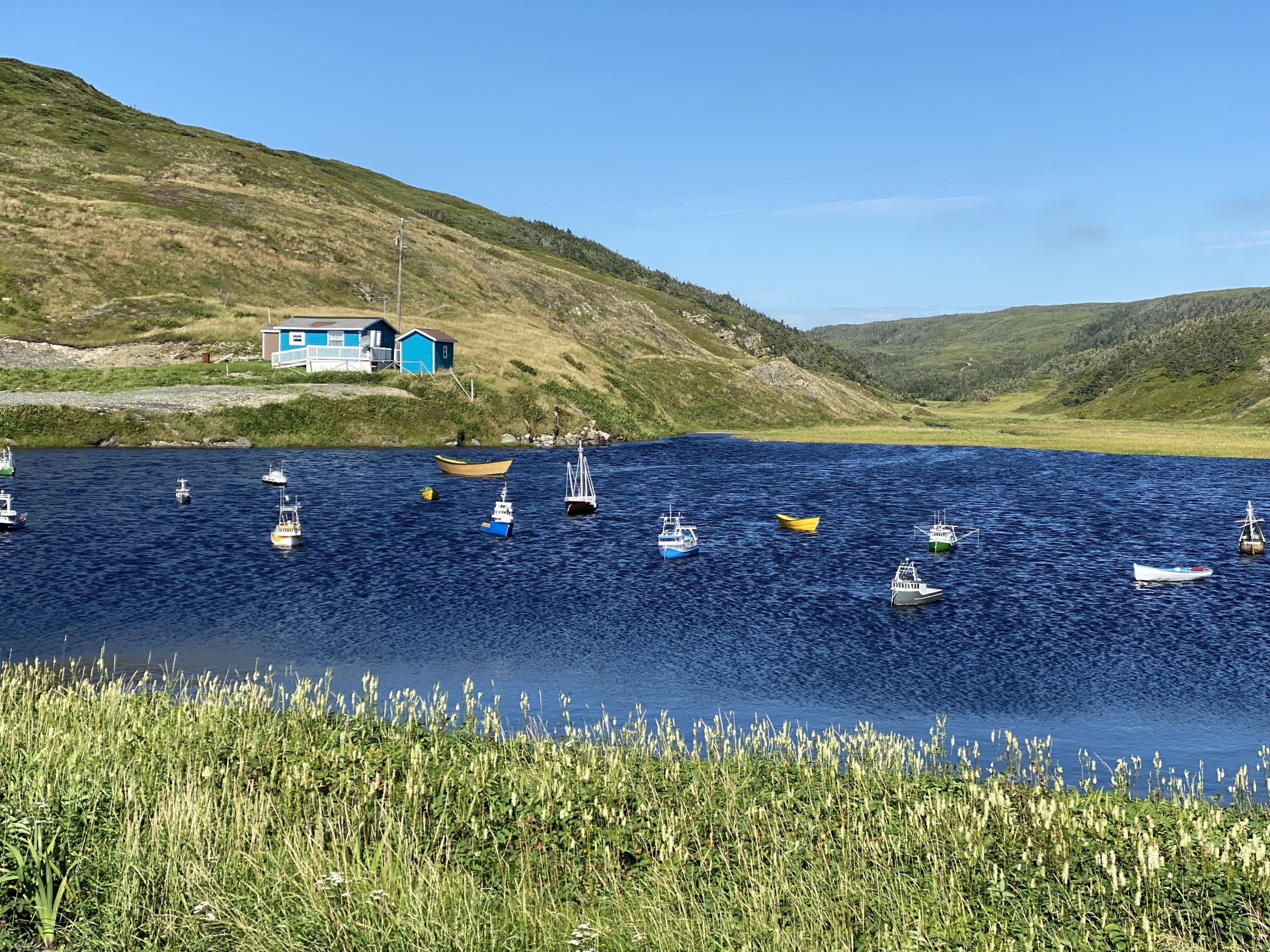 A local dude must have the hobby of building model boats and anchoring them in the pond next to his house; along the south coast of the Avalon Peninsula in Newfoundland.