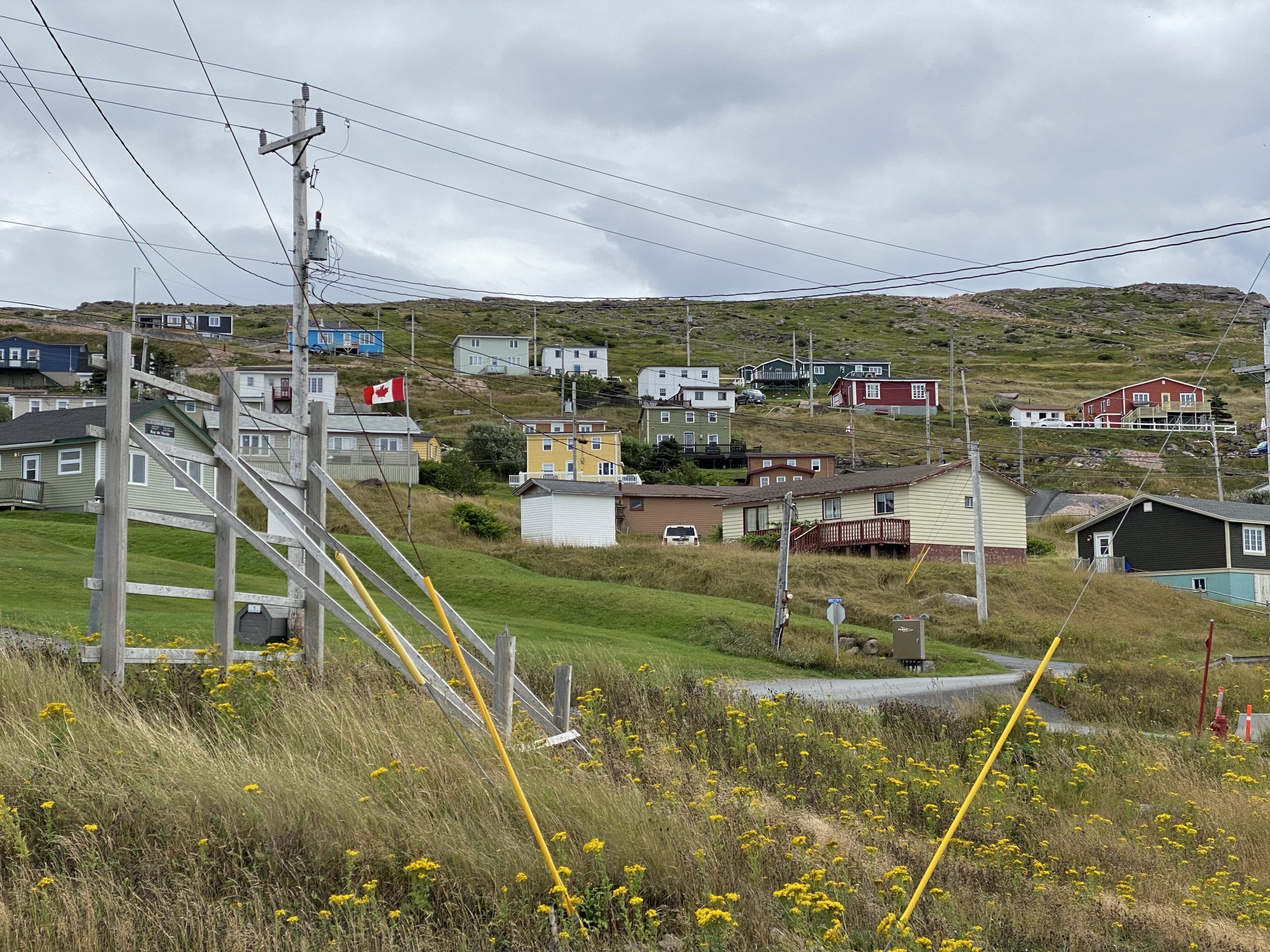 A view of local houses in Bay de Verde, looking east from the harbor, in Newfoundland.