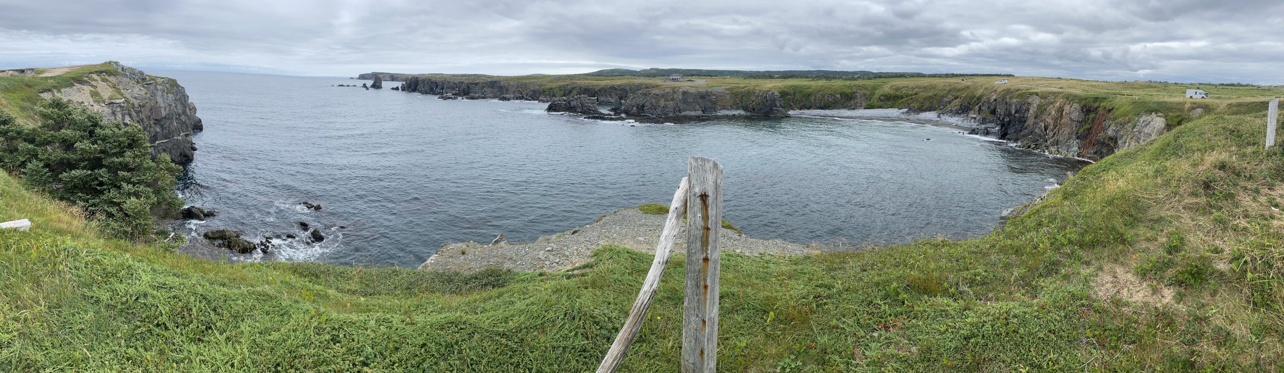 A panoramic view of the coastline at Dungeon Provincial Park on the Bonavista Peninsula in Newfoundland.