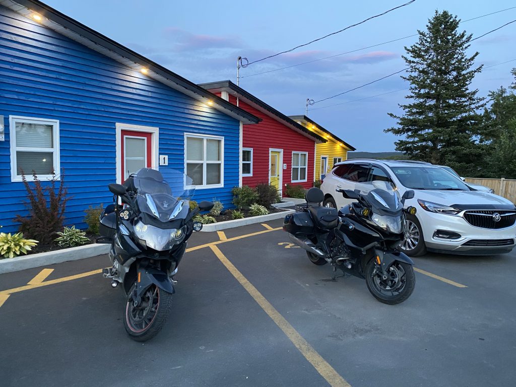 The bikes sit in designated spots for Cabin 2 (Red), our home for the night in Lewisporte, Newfoundland.