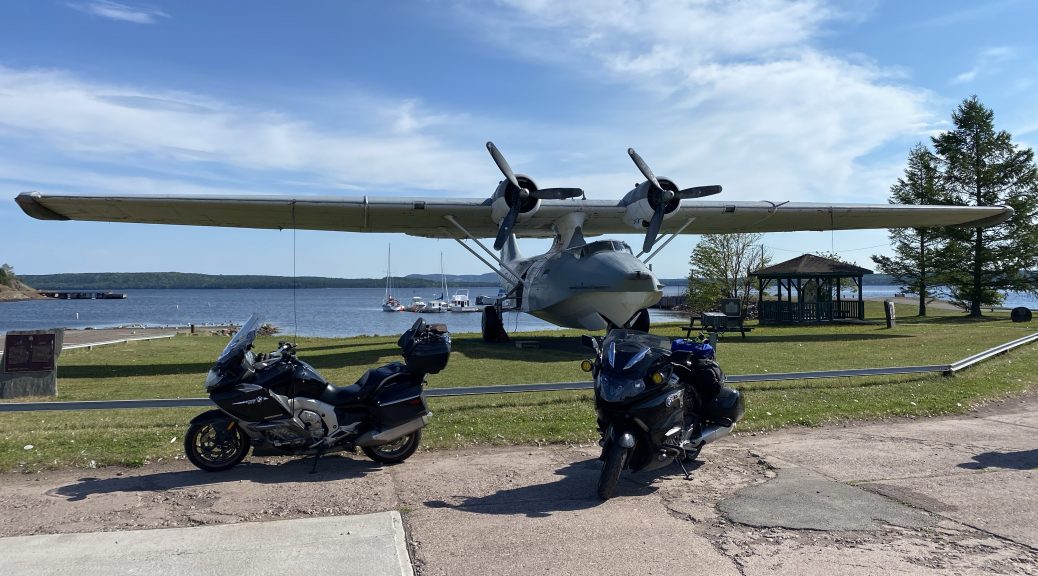 The bikes in front of an old PBY Canso (the US called them Catalina) at the old World War II flying boat base in Botwood, Newfoundland.