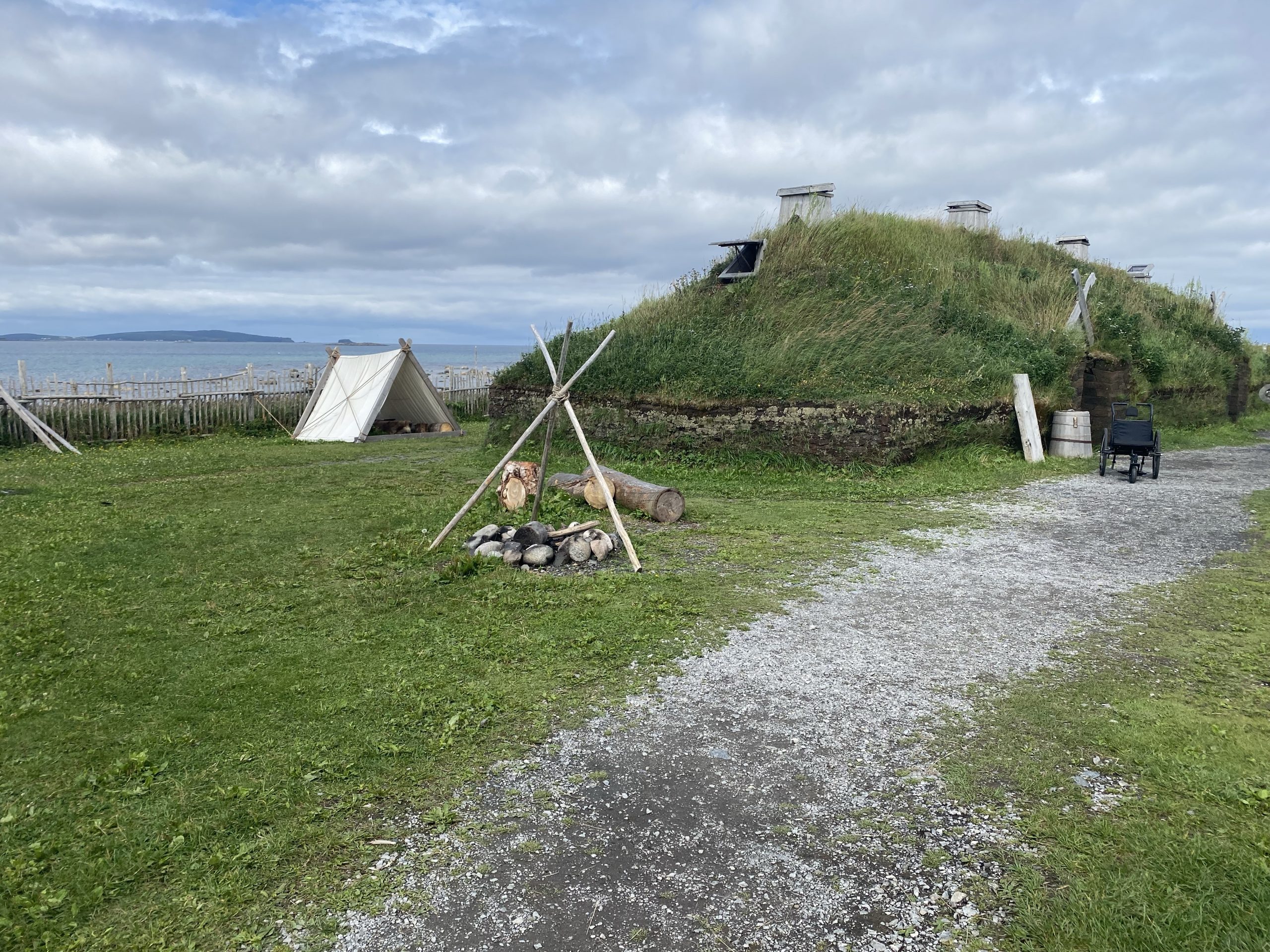 A few out-structures at a re-creation of a 1,000 year old Norse sod house compound.
