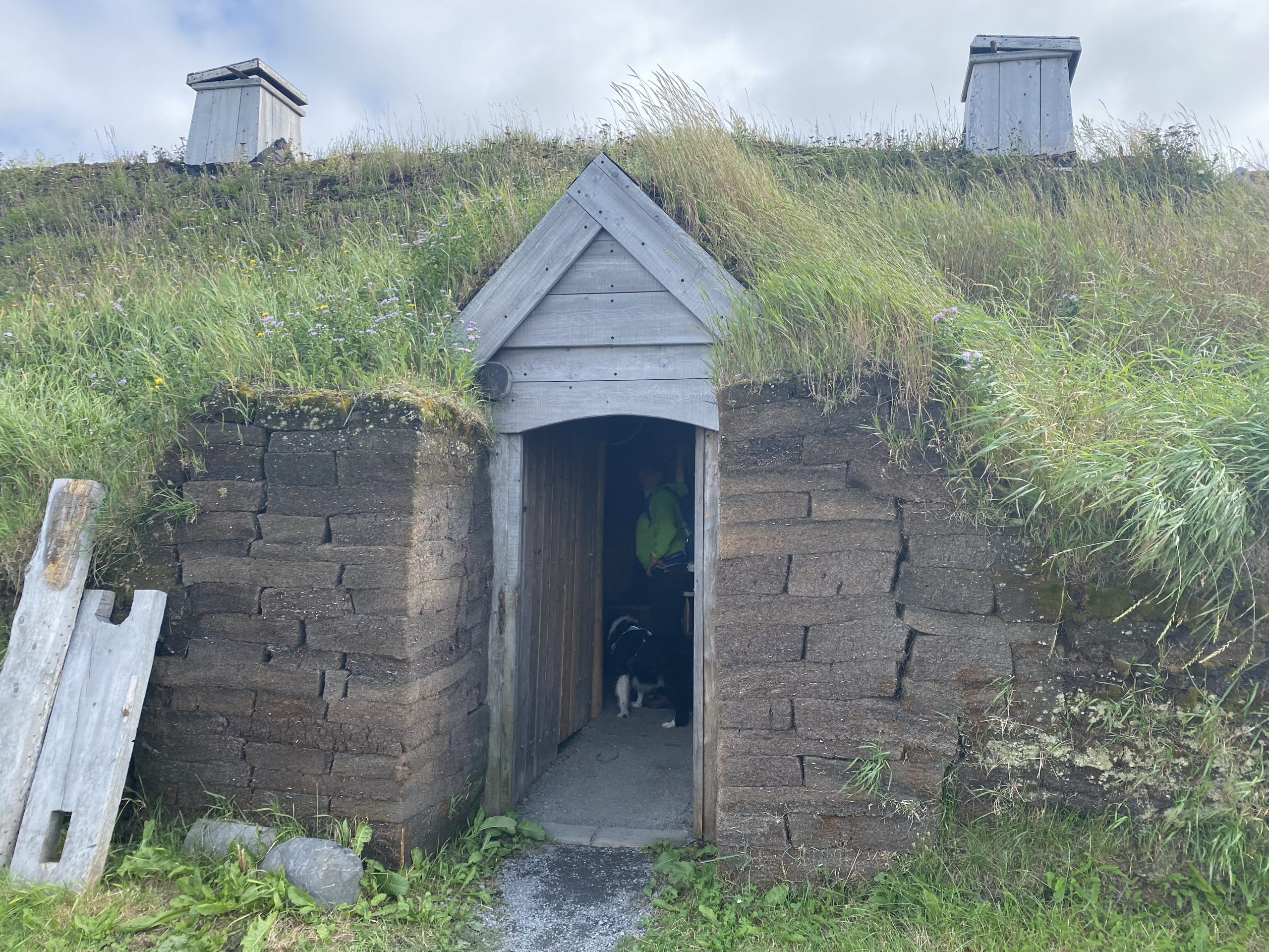 An entry door into a re-creation of a 1,000 year old Norse sod house.