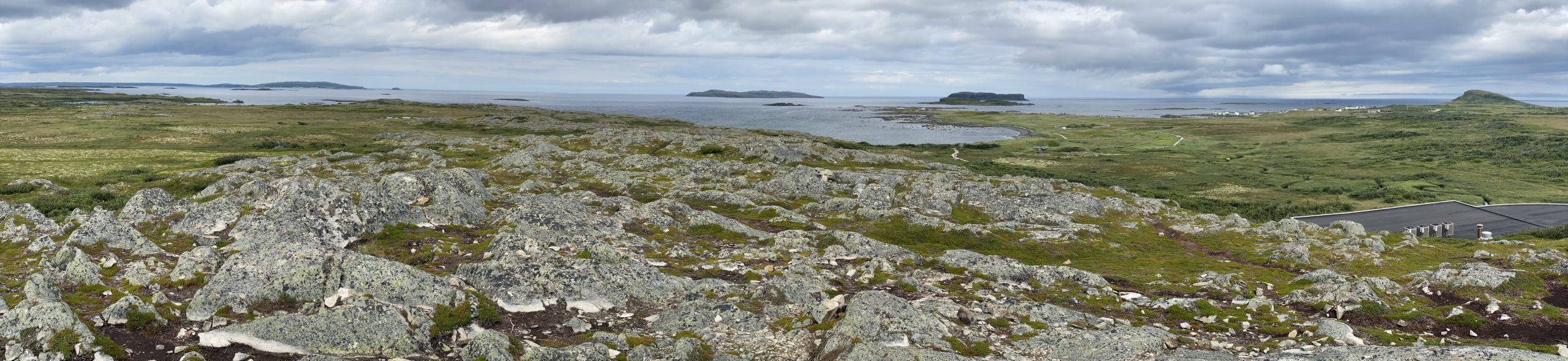 A panoramic view of the L’Anse aux Meadows UNESCO historical site. The Norse archeological site is right of center.