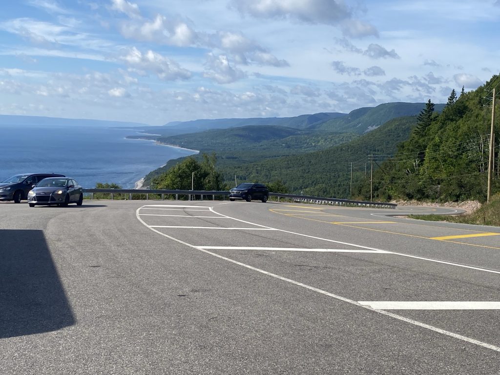 The shoreline to the south of an overlook along the Cabot Trail in Nova Scotia.