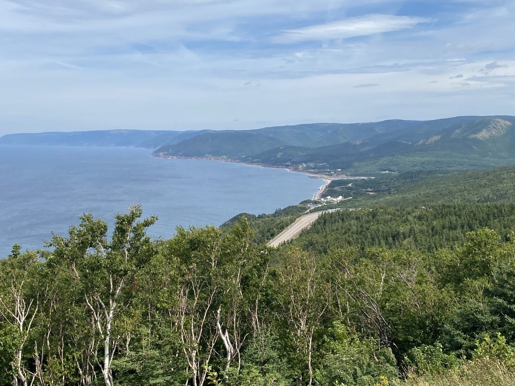 A view of the shoreline to the east of the overlook at the top of the twisties west of Pleasant Bay along the Cabot Trail in Nova Scotia.