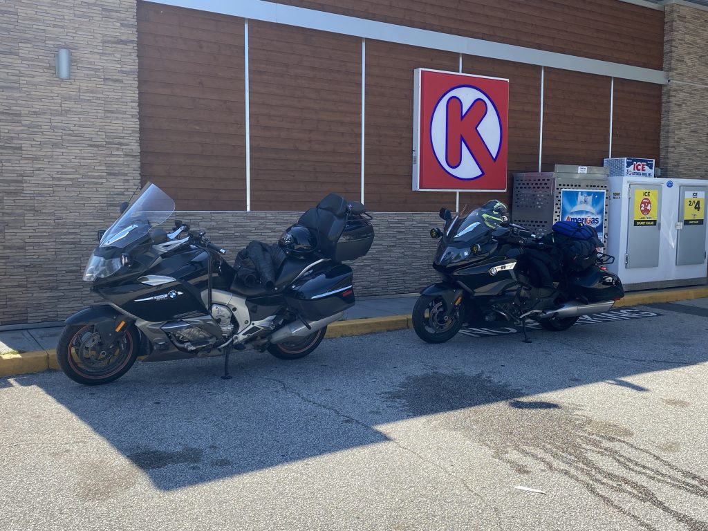 The bikes at a rest stop just before we pass through Bangor, Maine.