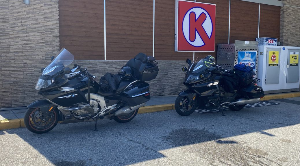 The bikes at a rest stop just before we pass through Bangor, Maine.
