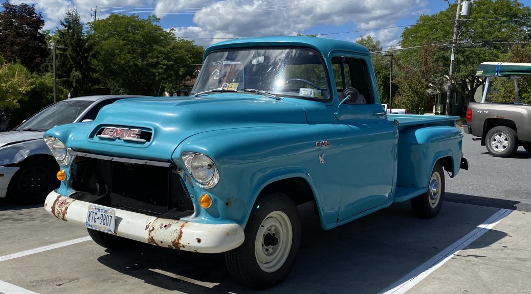 An Old GMC pickup truck in fairly good condition at a snack stop in Ticonderoga, New York.