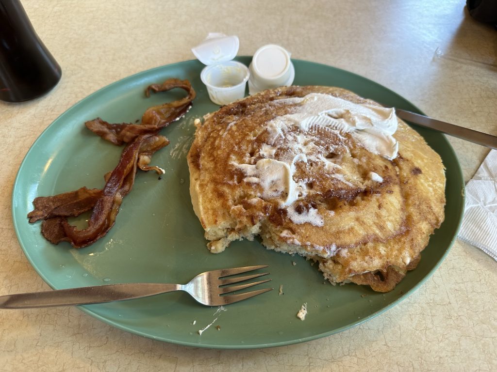 The waitress at B and J’s Family Diner recommended the Cinnamon Swirl Pancakes. They were fantastic!