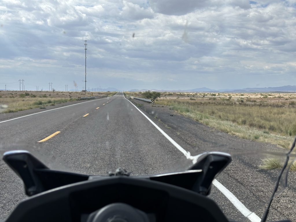 My view along US180 northwest of Deming, New Mexico. Similar to yesterday’s photo in Texas, but this time there’s mountains on the horizon.