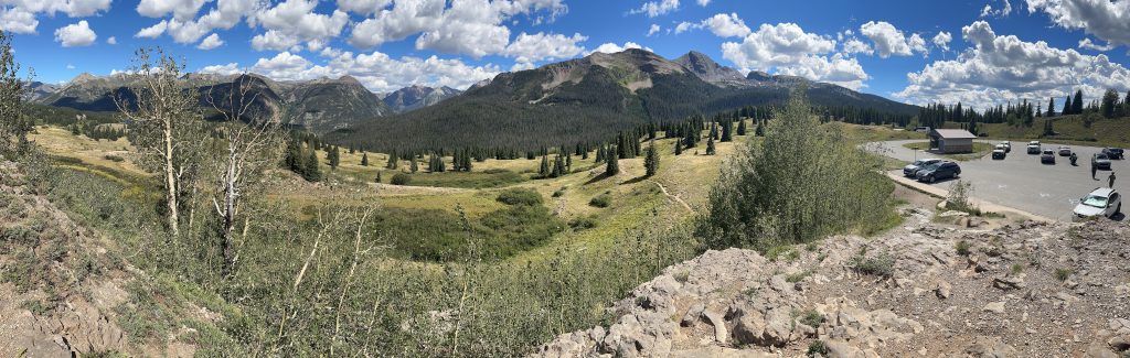A panoramic view from Molas Pass along US550 in Colorado. The Nightowl is visible to the far right.