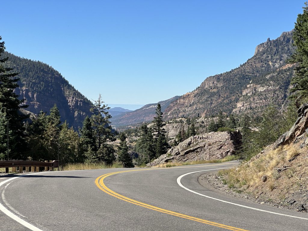 A view north on US550 in Colorado, down the Uncompahgre Gorge.