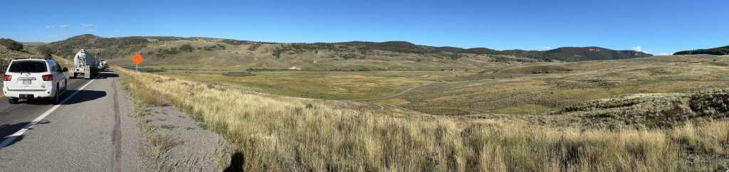 A panoramic view east along US50 in Colorado, waiting to cross the Blue Creek construction zone.