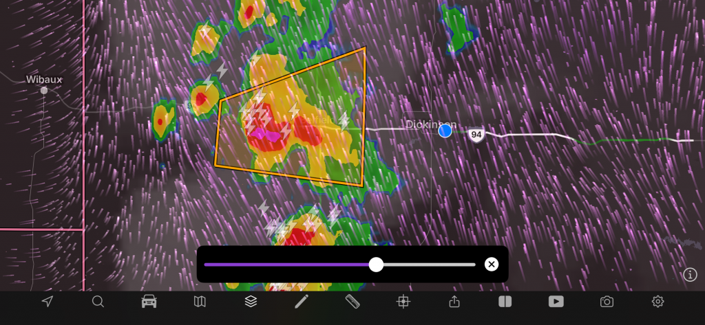 I’m the blue dot, and the blob is a thunderstorm that I must ride through.
