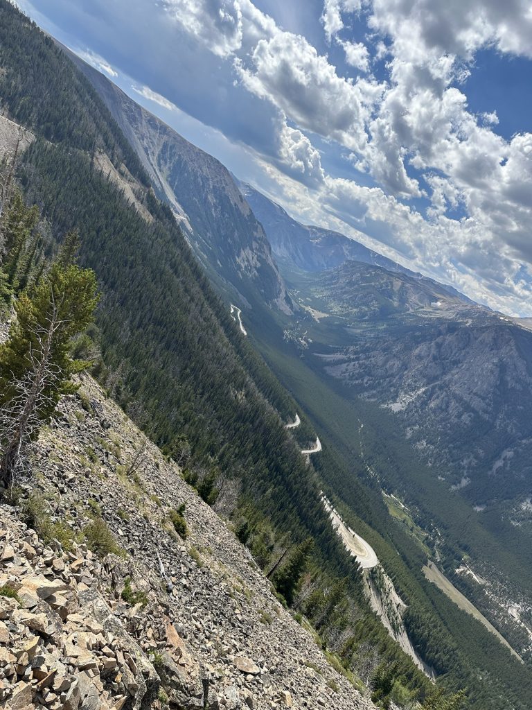 A weird angle, but it shows as many switchbacks from the highway as possible.